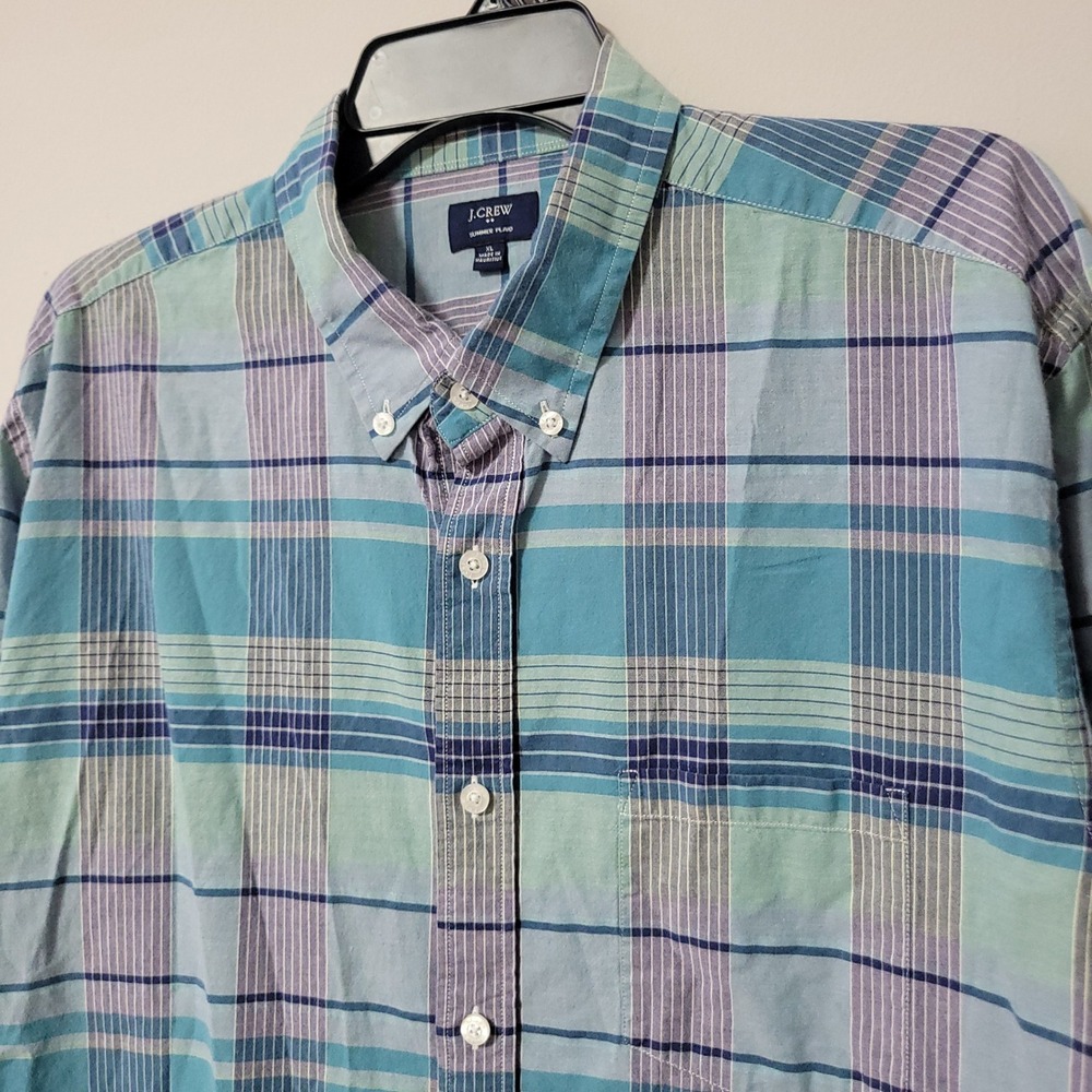 J.Crew Summer Plaid Button Down Shirt Mens XL Blue Green Cotton Long Sleeve